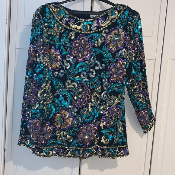 100% Silk SequinTop BlackTie Oleg Cassini Black Teal Purple Gold Sequins Beads - Picture 2 of 8
